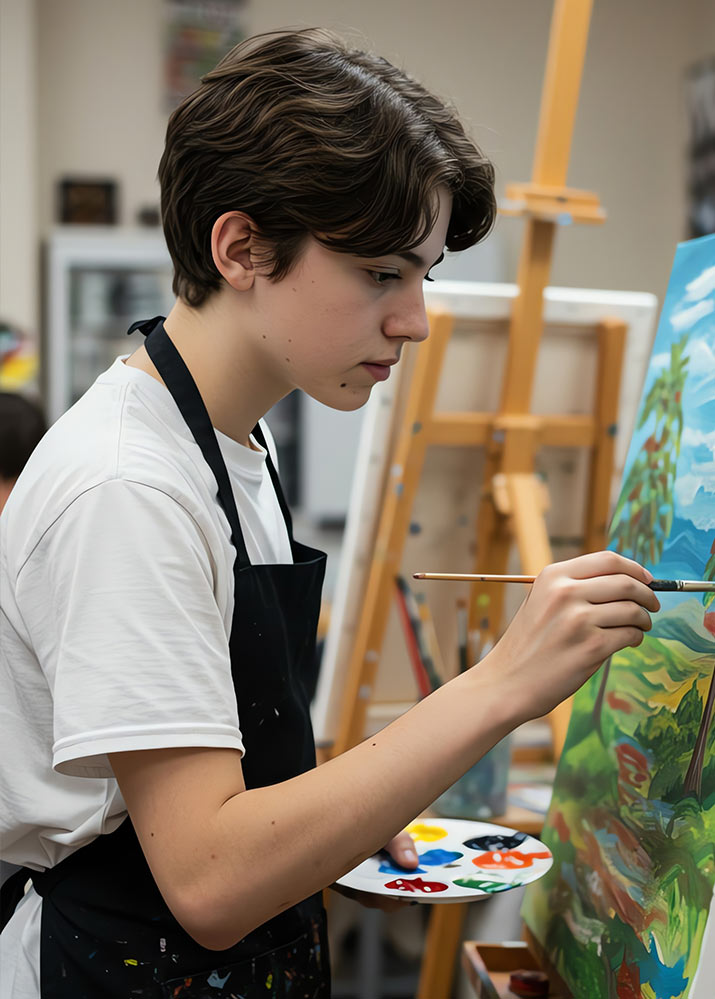 teenage boy painting on a canvas with an easel